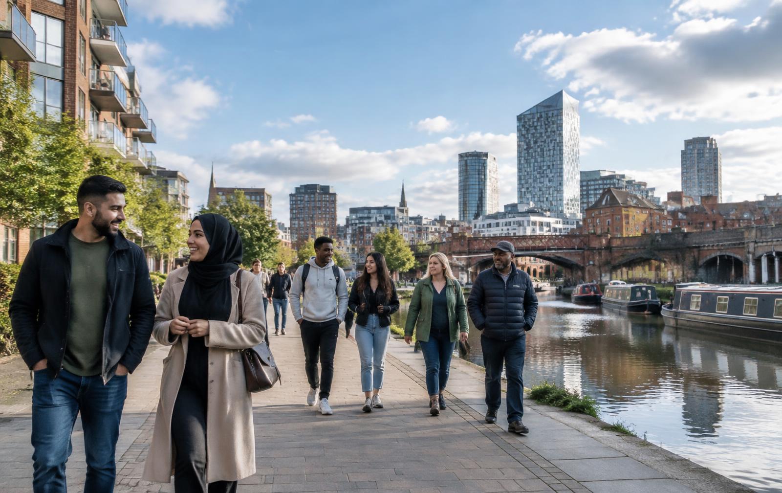 People walking beside Birmingham's canals and city skyline