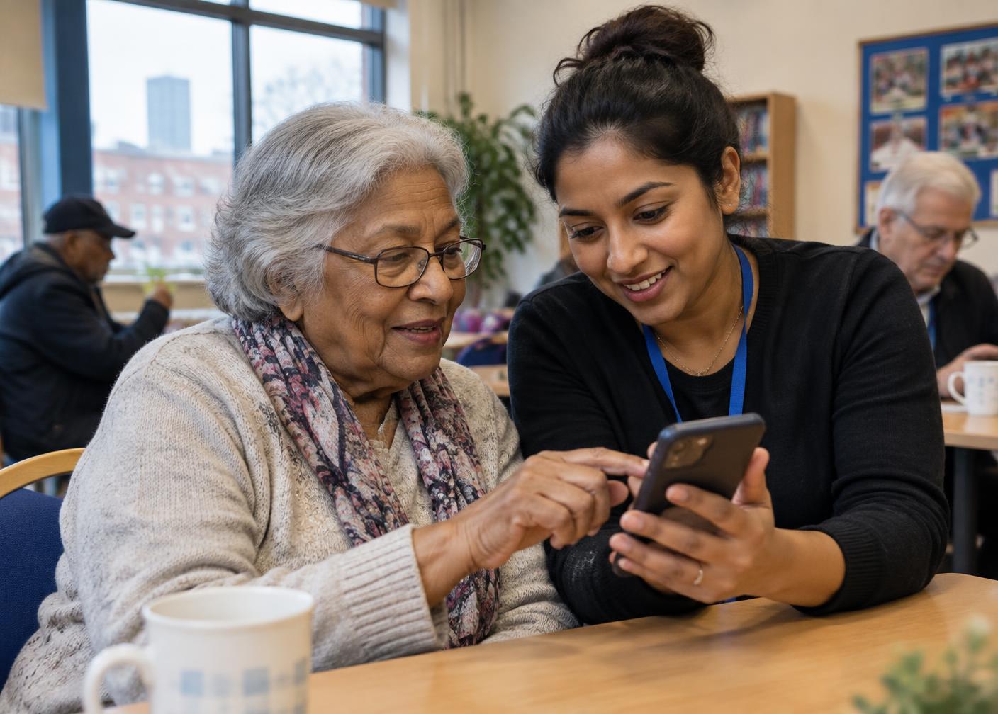 A community volunteer helping an older resident use a smartphone